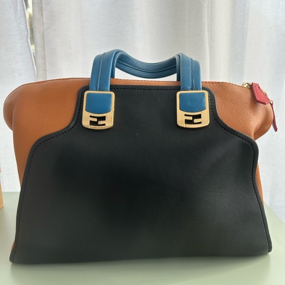 Fendi Handbags - Fendi Black, Brown & Blue Leather Satchel with Gold Hardware